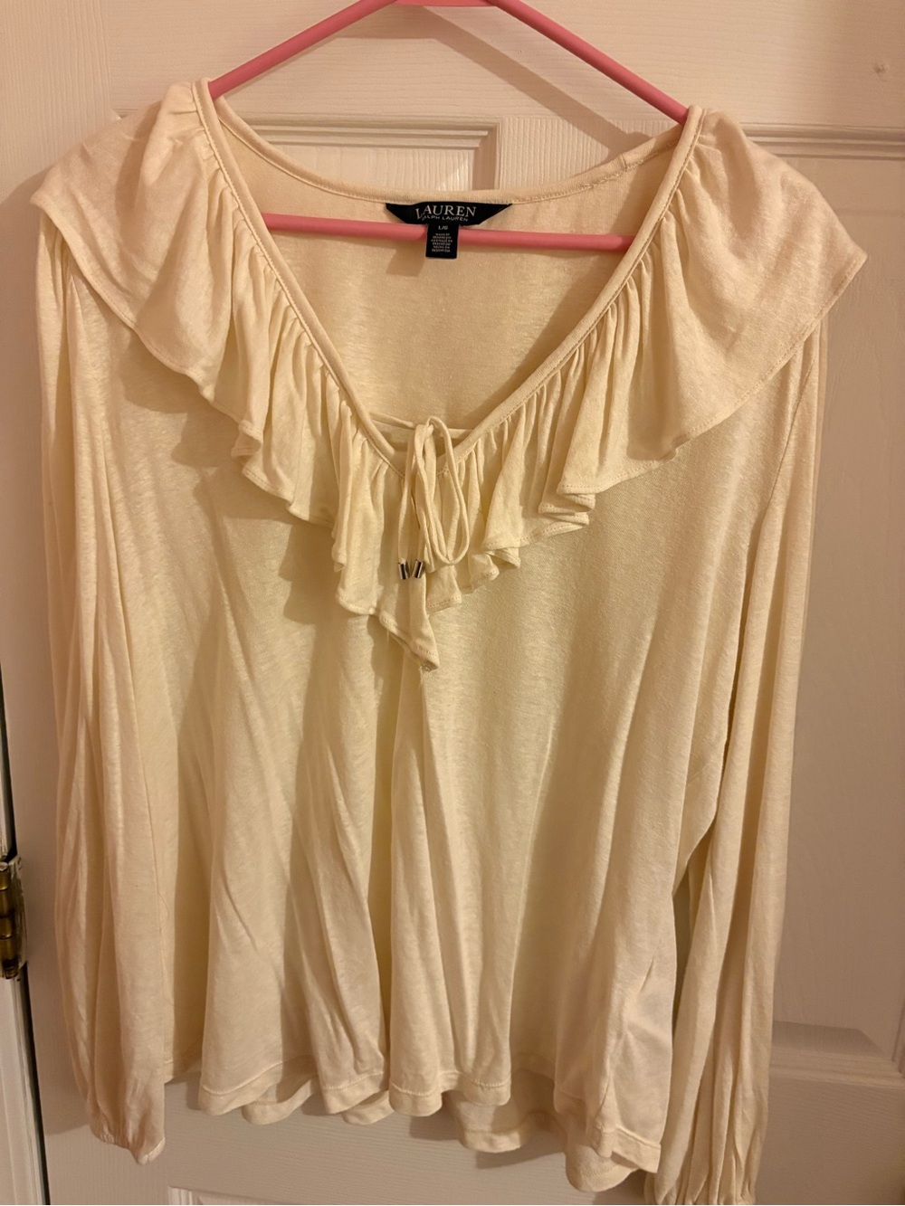 Lauren Ralph Lauren Cream Ruffle Tie-Neck Long Sleeve Top